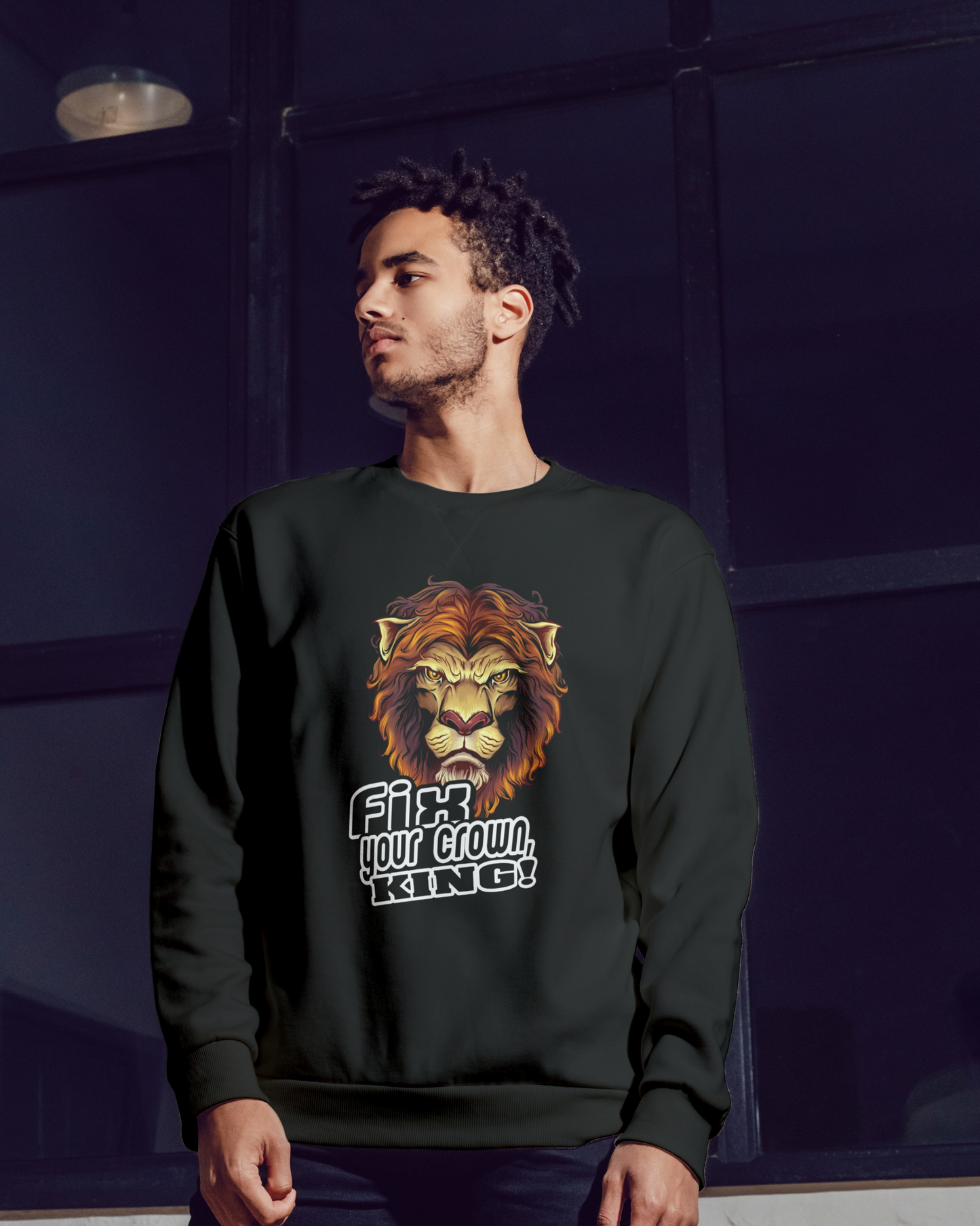 Fix Your Crown King crewneck sweatshirt (with graphic lion on front and sleeves)